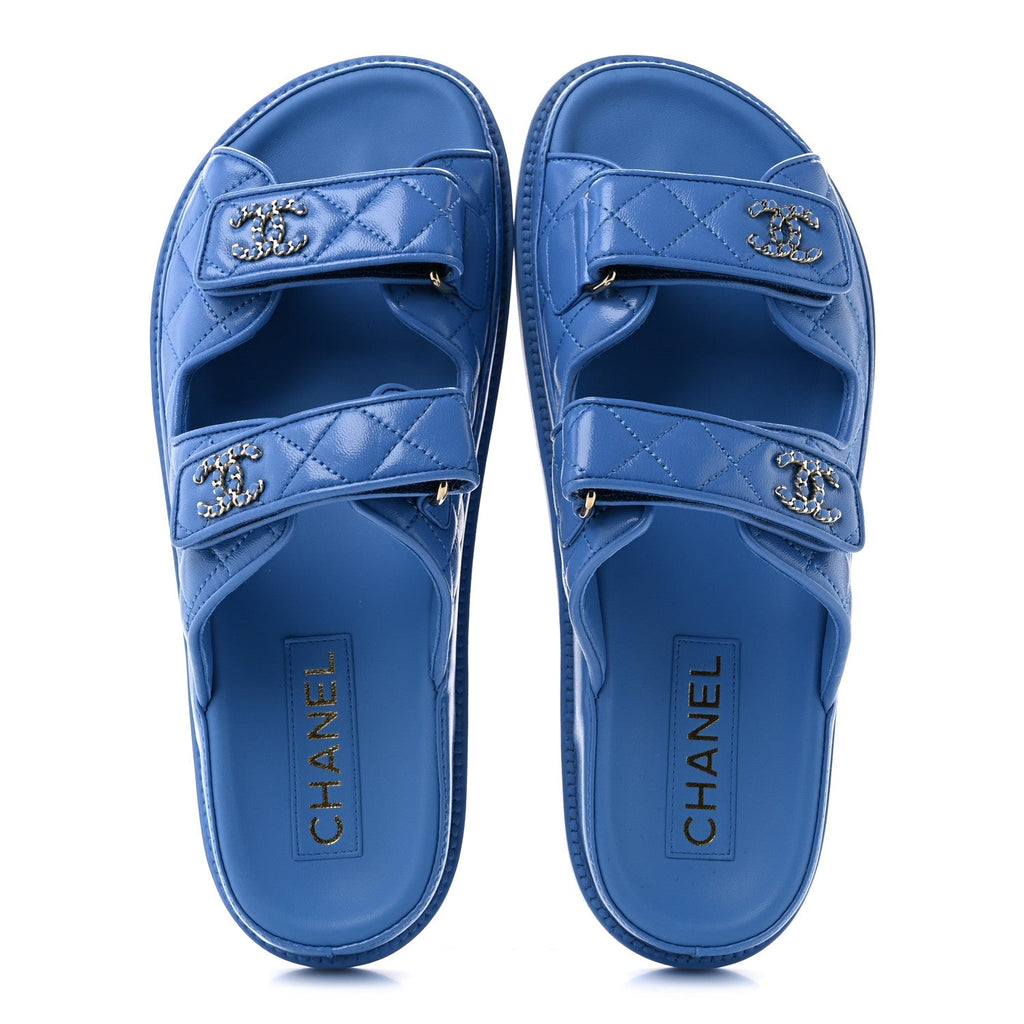 Lambskin Quilted Velcro Dad Chain CC Slide Sandals 39 Blue