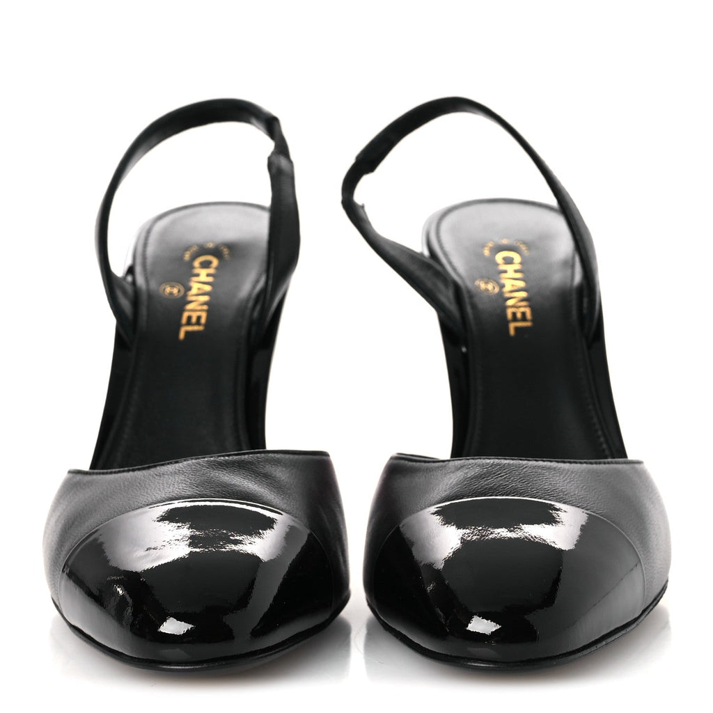 Lambskin Patent Cap Toe CC Apple Slingback Pumps 37 Black