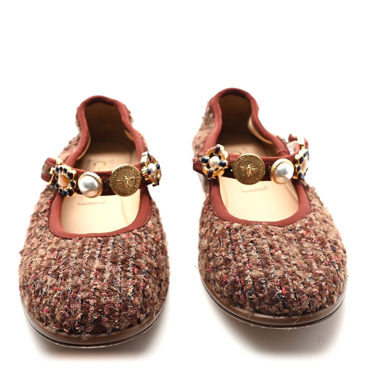 Wool Tweed Mary Jane Flats 37.5 Brown Red Dark Blue