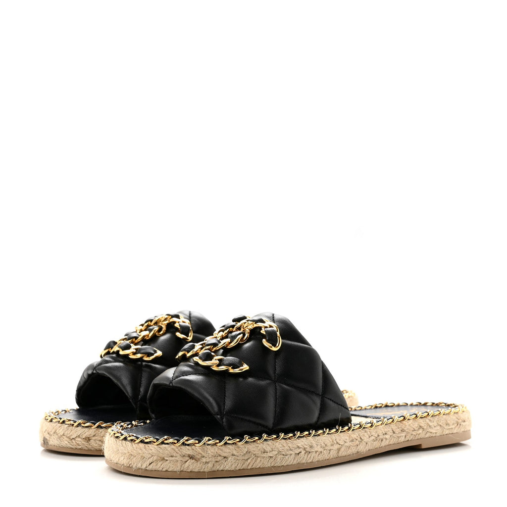 Lambskin Quilted CC Chain Espadrille Mules 38 Black Navy