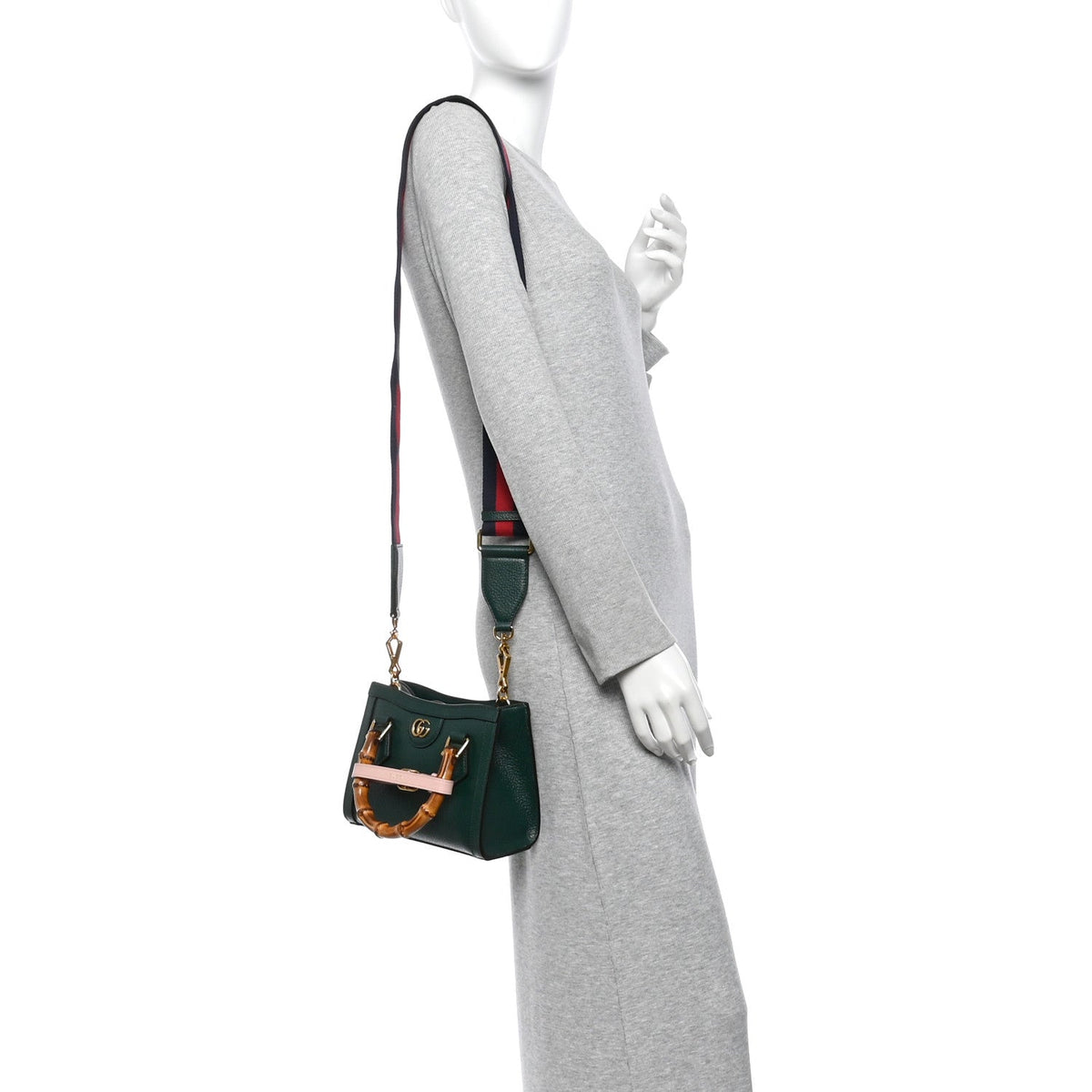 Textured Dollar Calfskin Web Mini Diana Tote Bag Vintage Green Pink