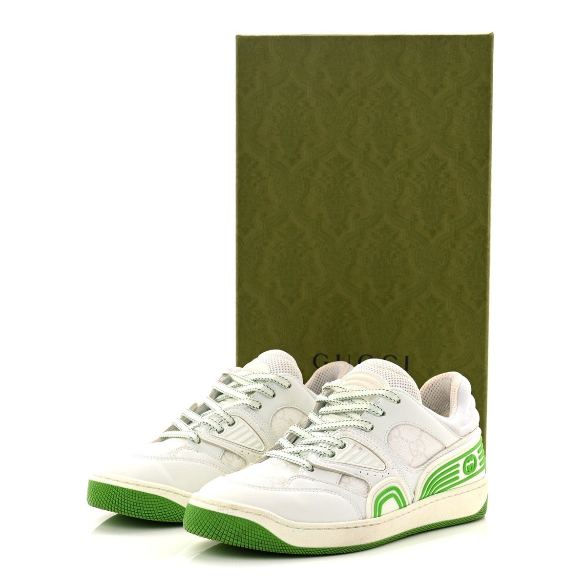 Demetra GG Supreme Monogram Womens Basket Low Top Sneakers 35 Great White Green
