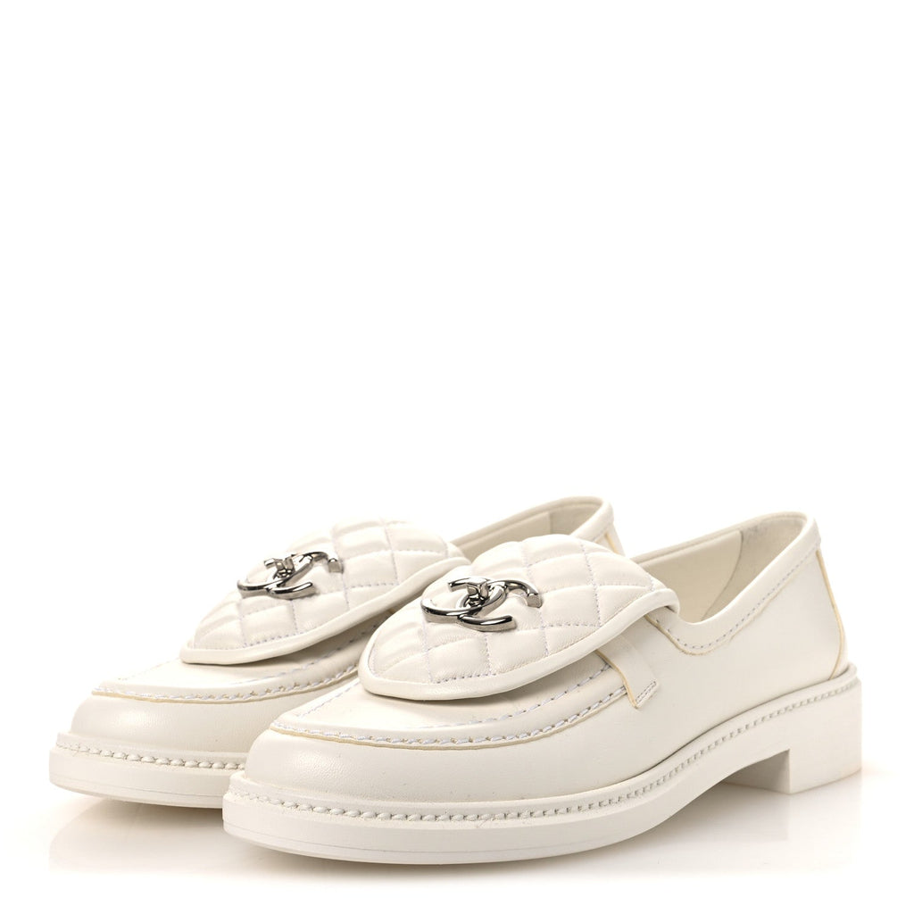Shiny Lambskin Quilted CC Turnlock Loafers 37.5 White