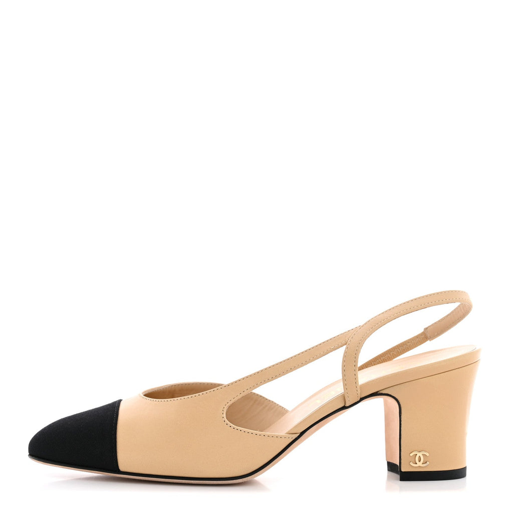 Goatskin Grosgrain Cap Toe CC Slingback Pumps 38 Beige Black