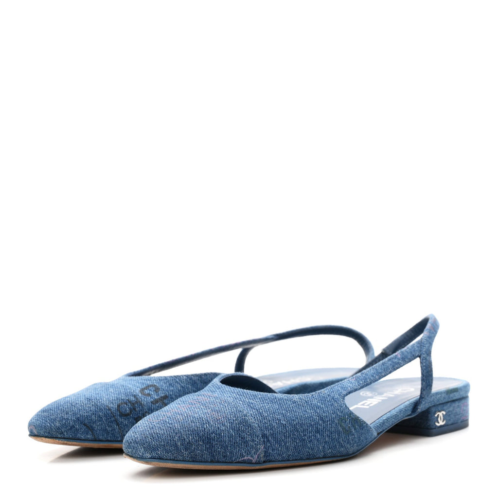 Denim Printed Denim Mood Cap Toe CC Slingback Flats 36.5 Light Blue Multicolor