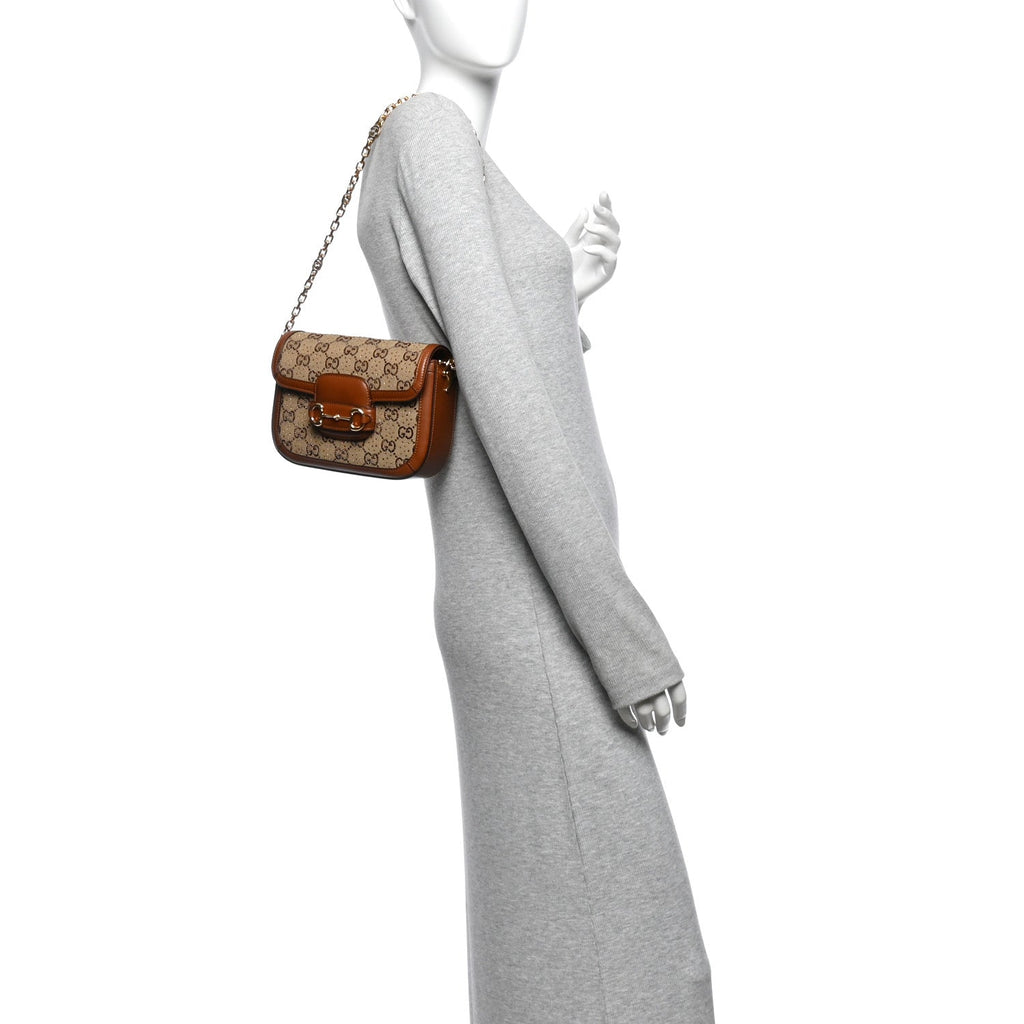 New Canvas Charisma Calfskin Crystal GG Monogram Mini Horsebit 1955 Shoulder Bag Camel Ebony