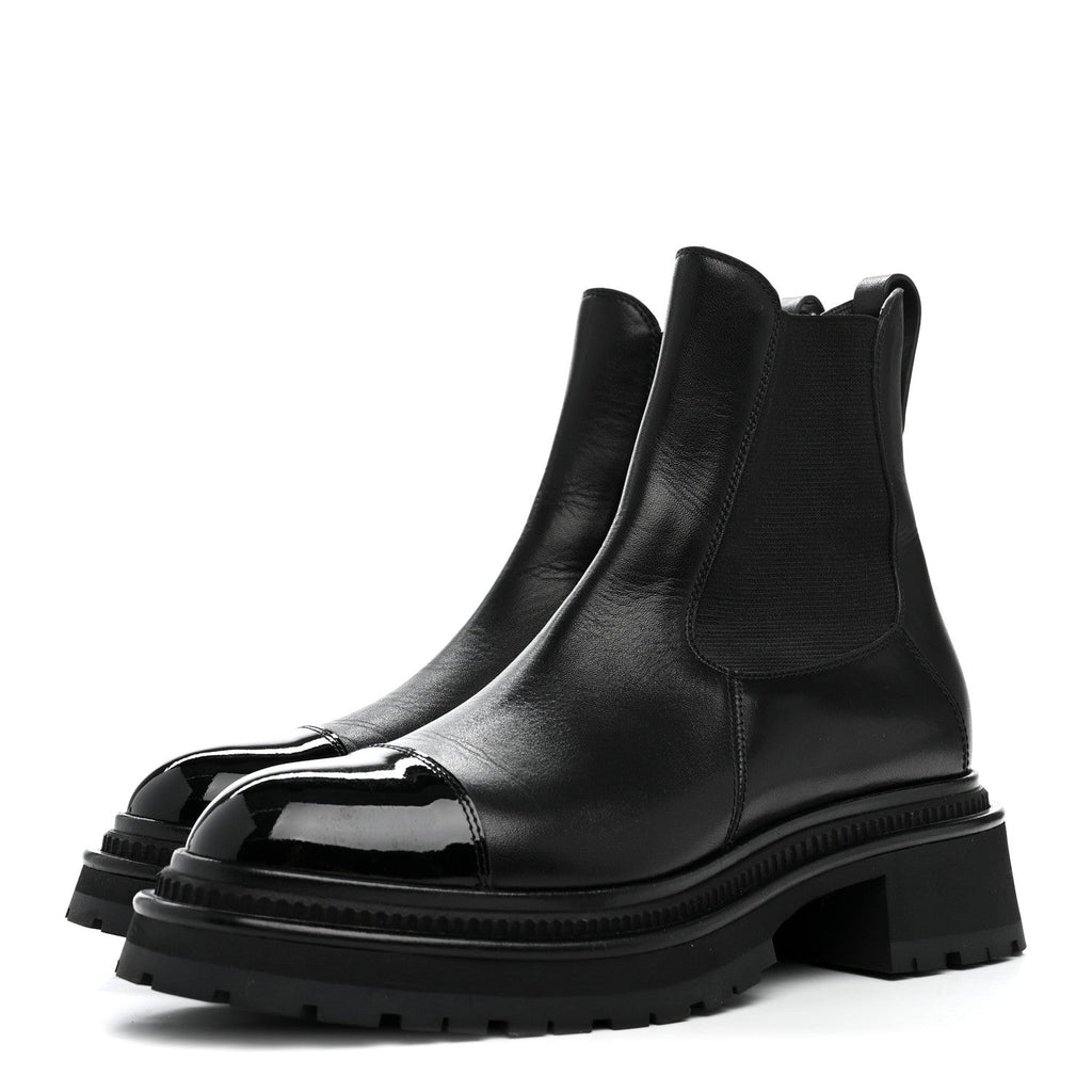 Calfskin Patent Cap Toe Ankle Boots 38.5 Black