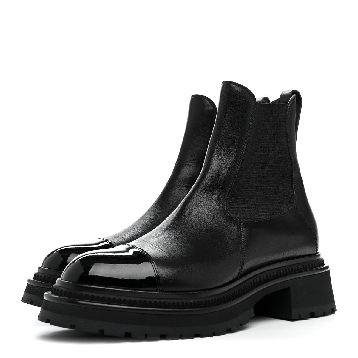 Calfskin Patent Cap Toe Ankle Boots 38.5 Black
