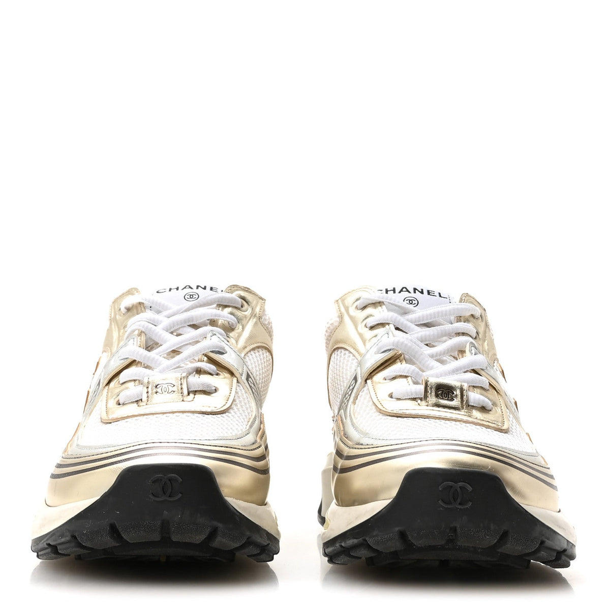 Fabric Laminated Calfskin Stretch CC Sneakers 39 White Gold Silver