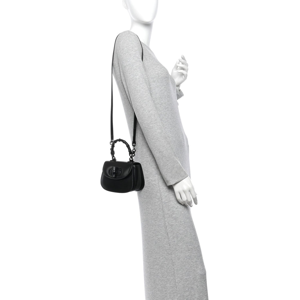 Boarded Dyana Lux Calfskin Web Monochrome Small Bamboo 1947 Top Handle Bag Black