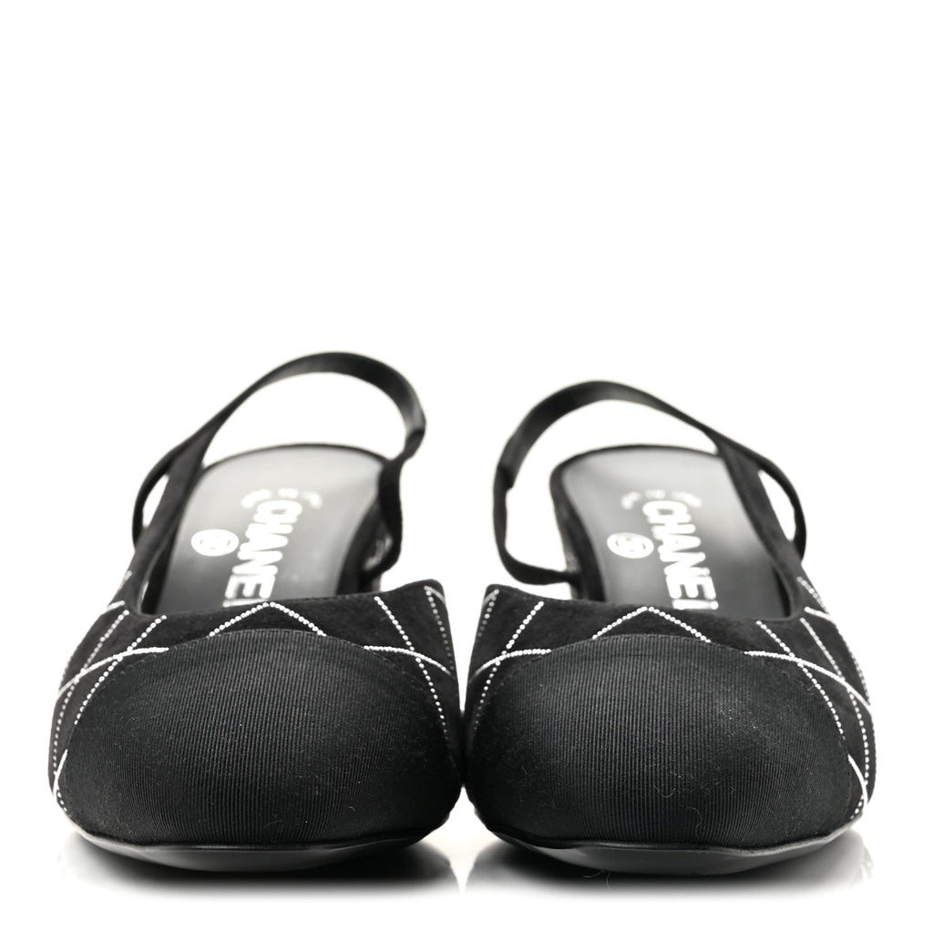 Suede Crystal Grosgrain Cap Toe CC Slingback Pumps 38 Black Silver