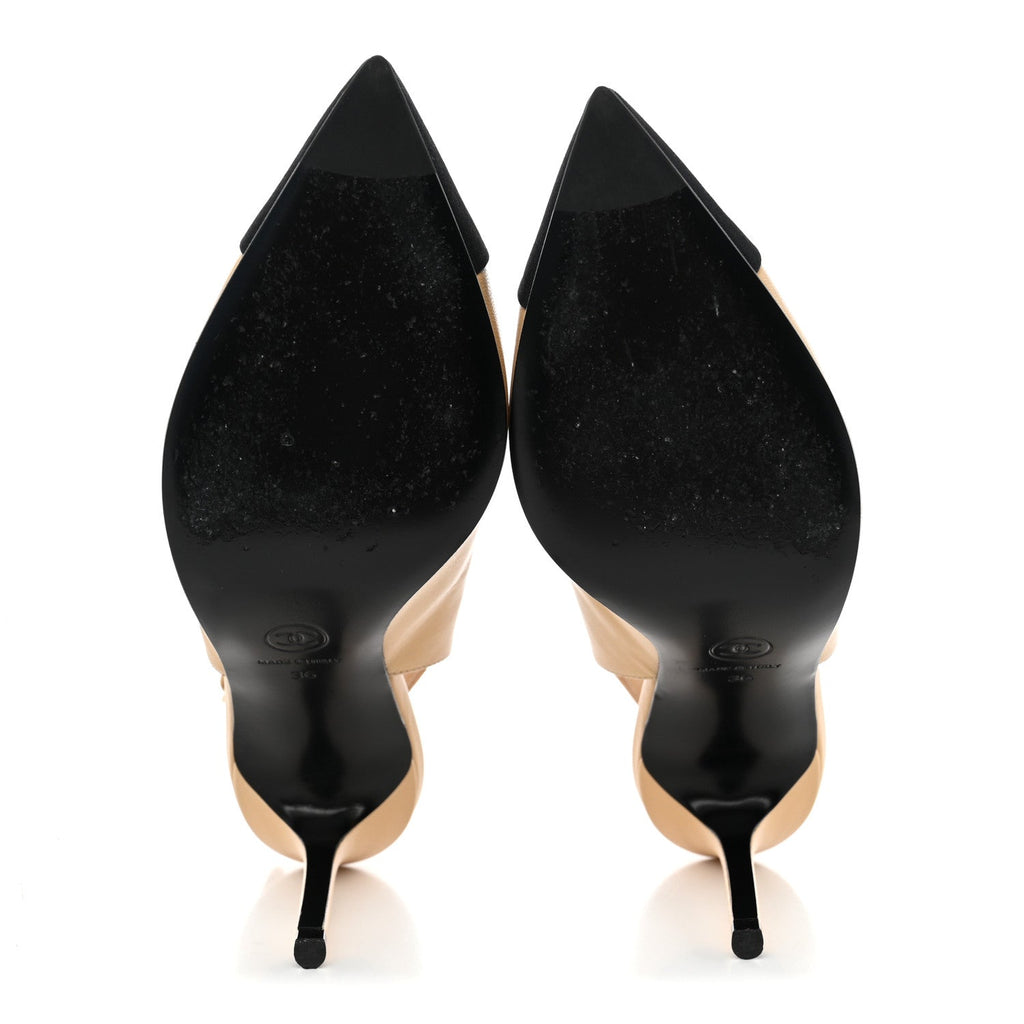 Goatskin Grosgrain Pointed Cap Toe CC Slingback Pumps 36 Beige Black