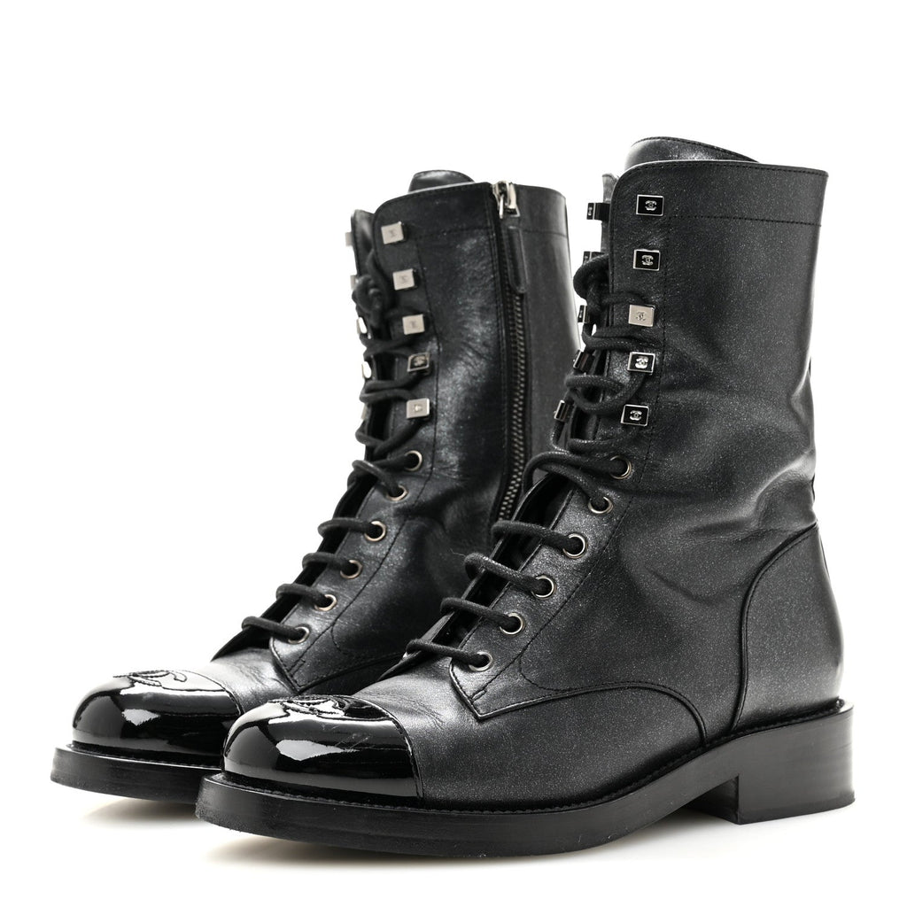 Iridescent Calfskin Patent Cap Toe Lace Up Combat Boots 38 Black