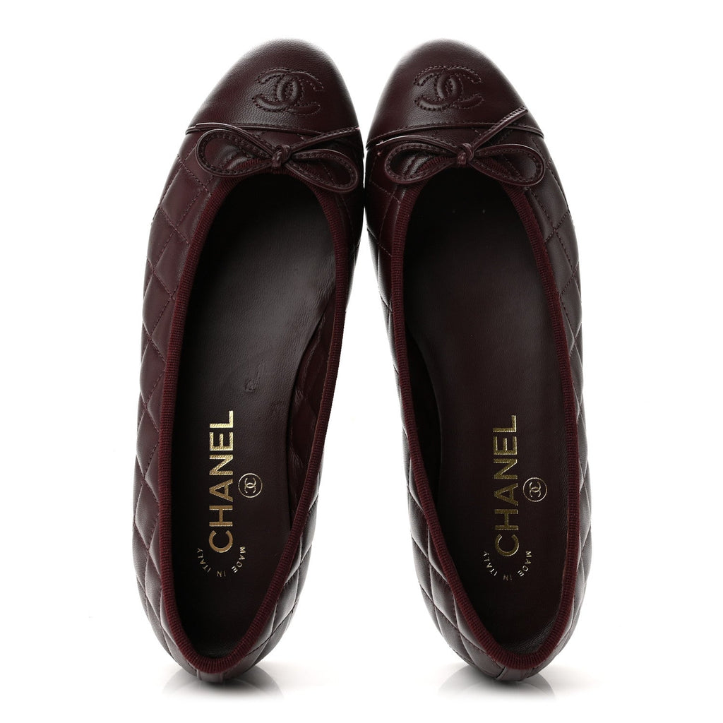 Lambskin Quilted CC Cap Toe Ballerina Flats 38 Dark Burgundy