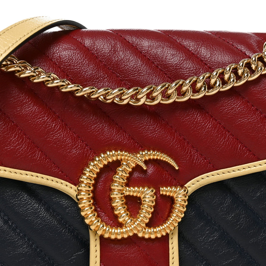 Azalea Calfskin Matelasse Diagonal Small Torchon GG Marmont Shoulder Bag Blue Agata New Cherry Red Butter