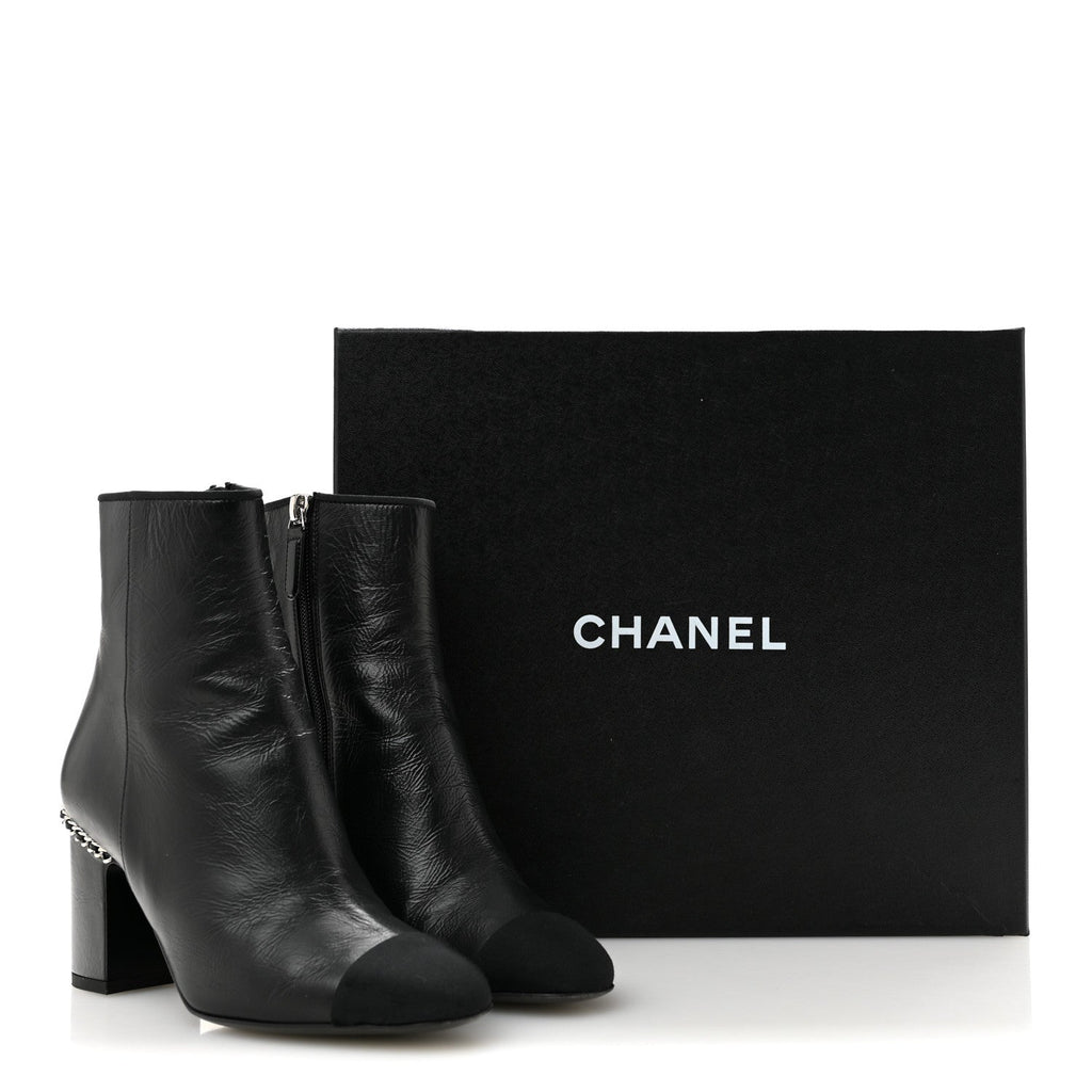 Crumpled Calfskin Cap Toe Chain Short Boots 35 Black