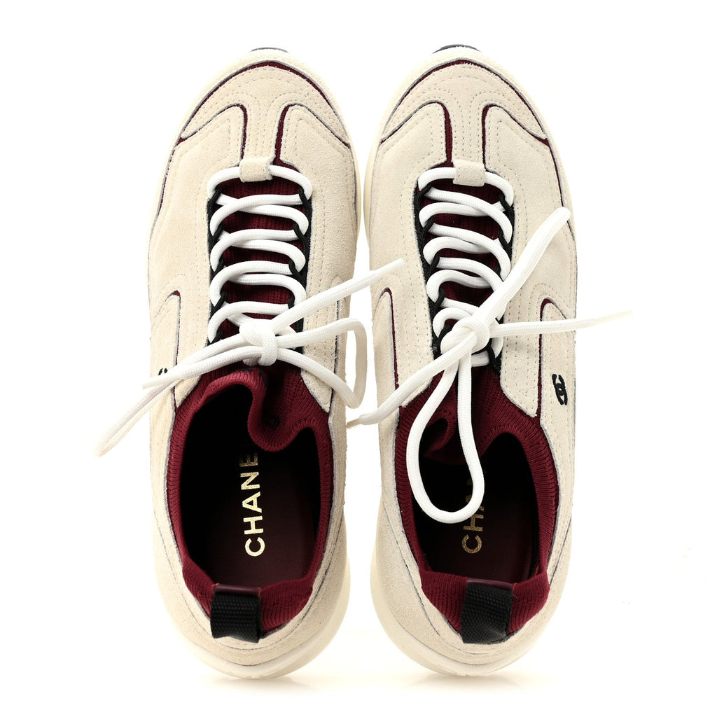 Suede Mixed Fibers Knit Womens CC Sneakers 38 Ivory Burgundy