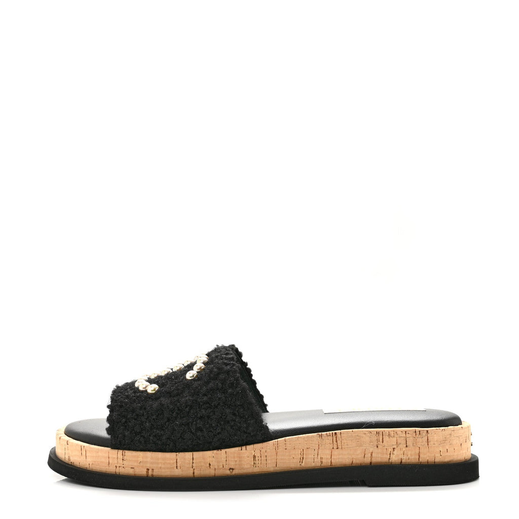 Fabric Pearl Cork CC Slip On Sandals 40 Black