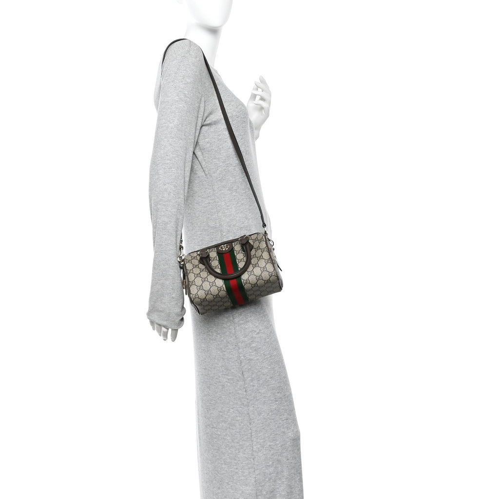GG Supreme Monogram Textured Dollar Calfskin Web Mini Ophidia Top Handle Bag Beige Ebony New Acero