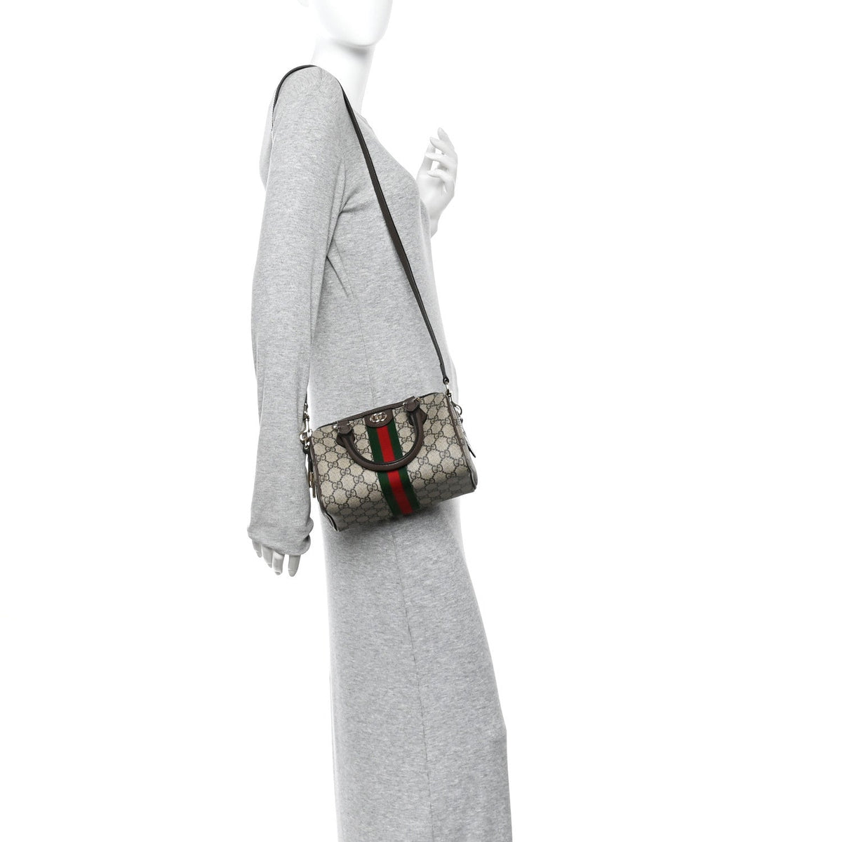 GG Supreme Monogram Textured Dollar Calfskin Web Mini Ophidia Top Handle Bag Beige Ebony New Acero