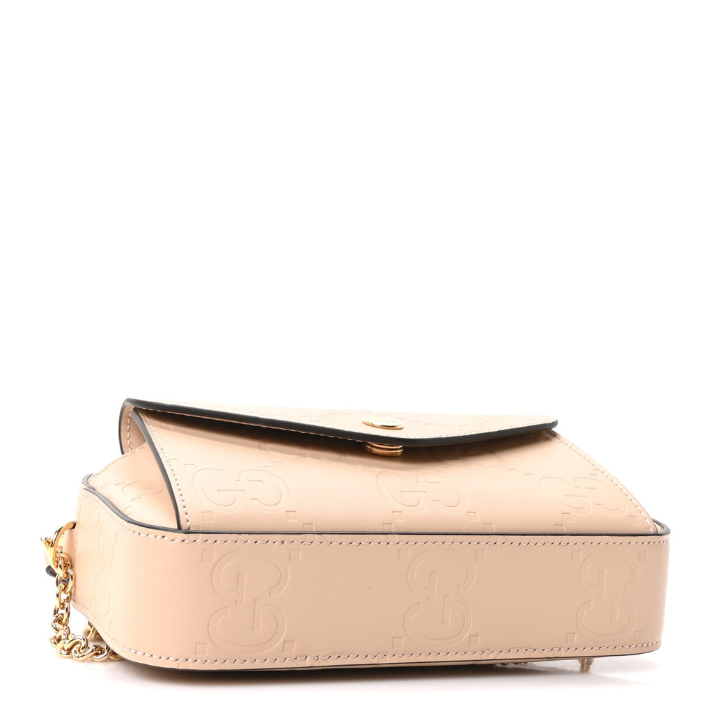 Calfskin GG Super Mini Debossed Chain Wallet Light Beige