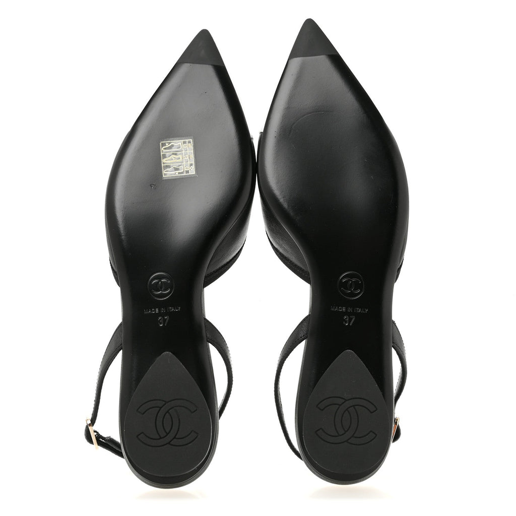 Iridescent Lambskin Cap Toe CC Slingback Flats 37 Black White