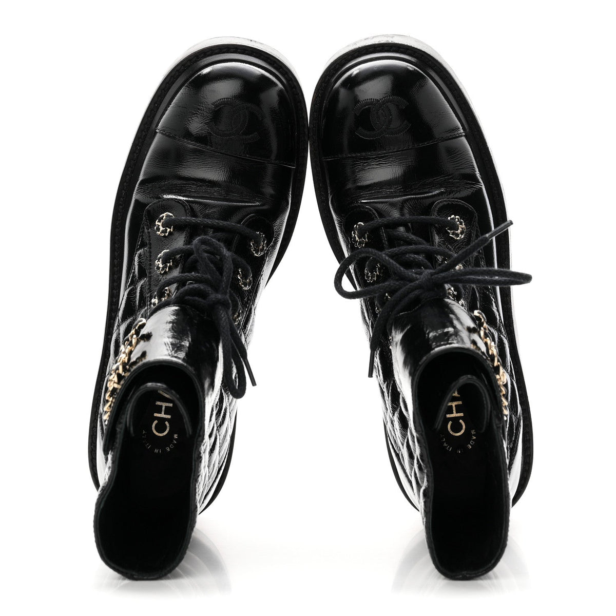 Shiny Lambskin Quilted Lace Up Combat Boots 38 Black
