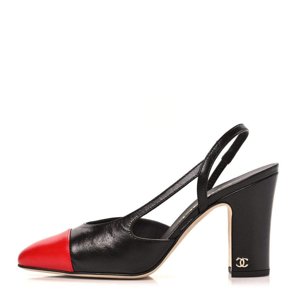 Crumpled Shiny Lambskin Cap Toe CC Slingback Pumps 37 Dark Brown Red