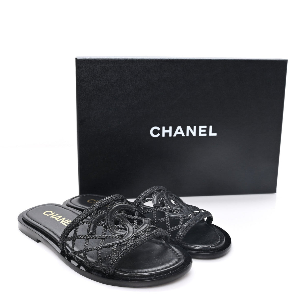 Lambskin Crochet CC Mules Sandals 36 Black