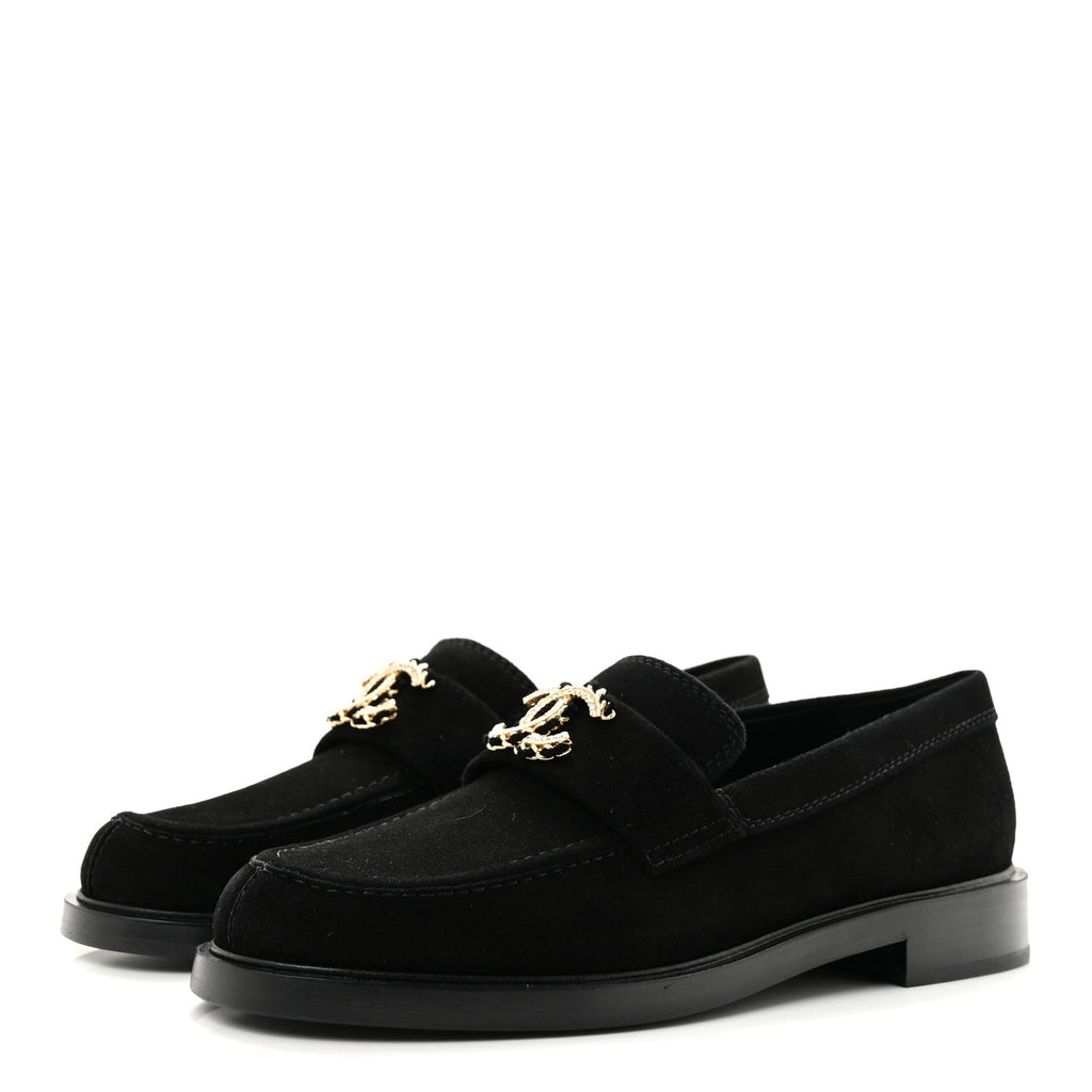 Suede Kidskin Crystal CC Loafers 37 Black