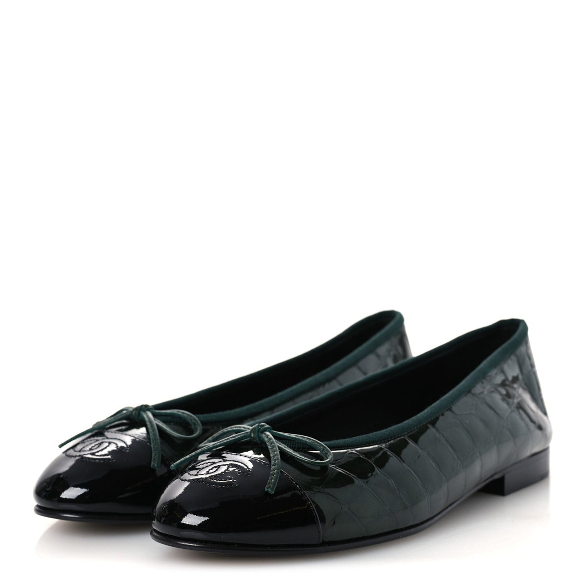 Crocodile Embossed Patent Calfskin Cap Toe CC Ballerina Flats 37.5 Dark Green Black