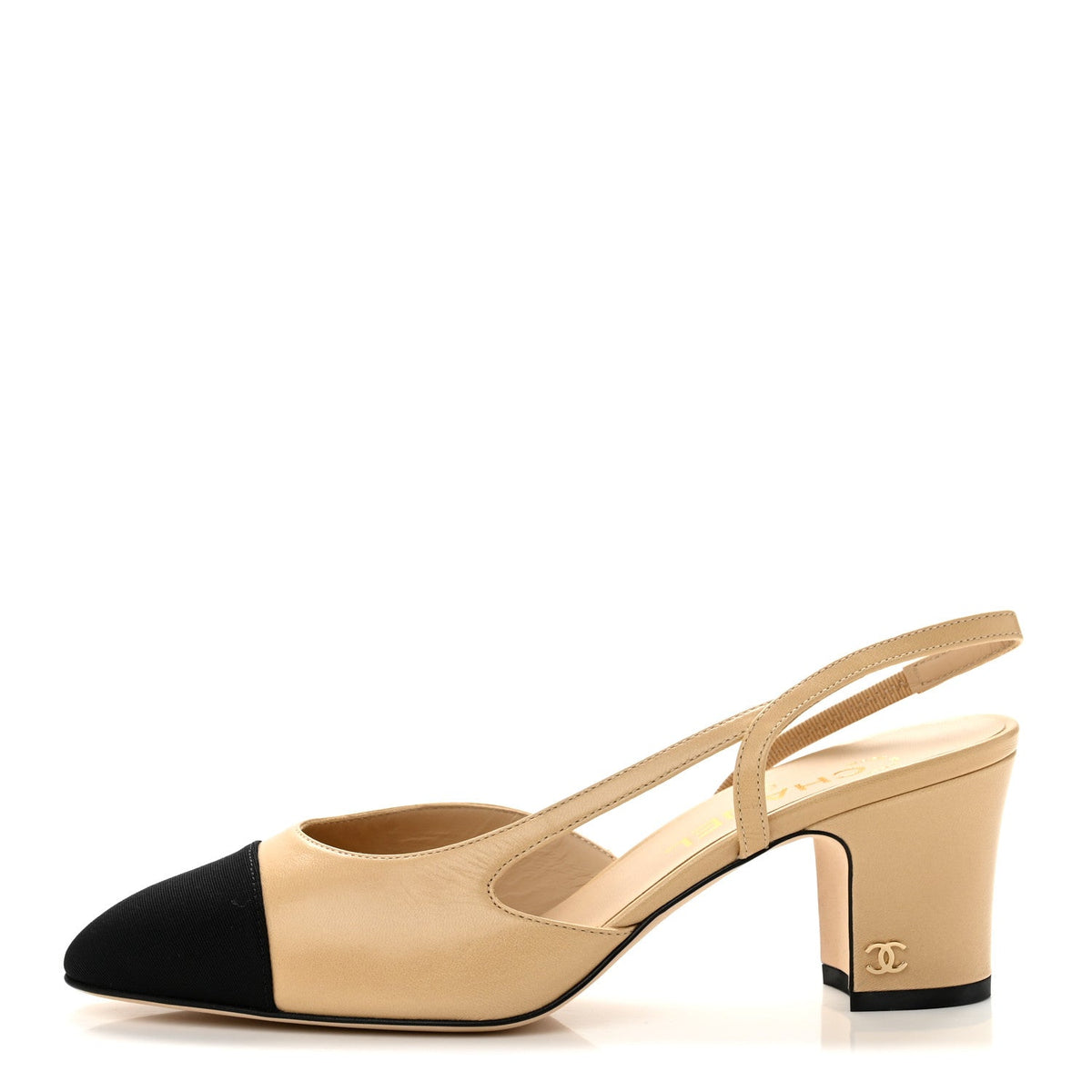 Goatskin Grosgrain Cap Toe CC Slingback Pumps 38 Beige Black