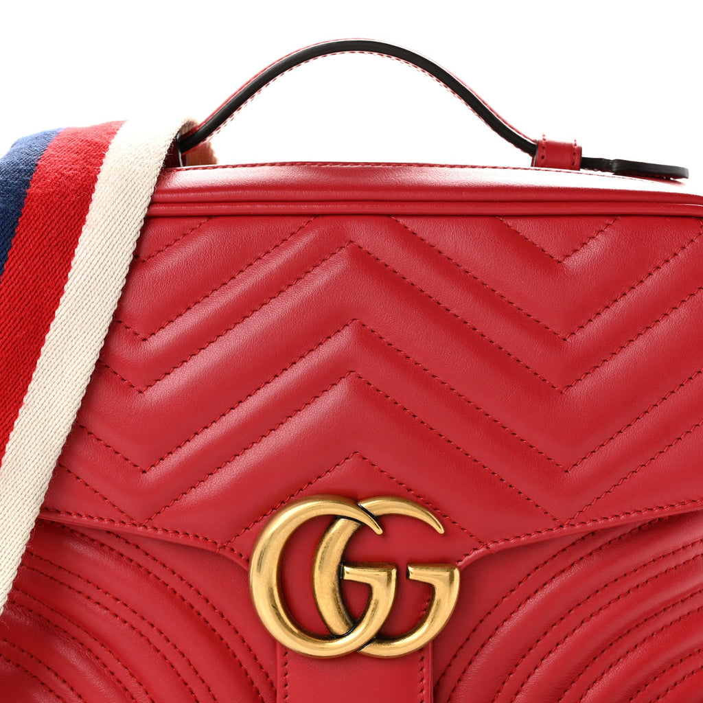 Calfskin Matelasse Sylvie Web Small GG Marmont Top Handle Shoulder Bag Hibiscus Red