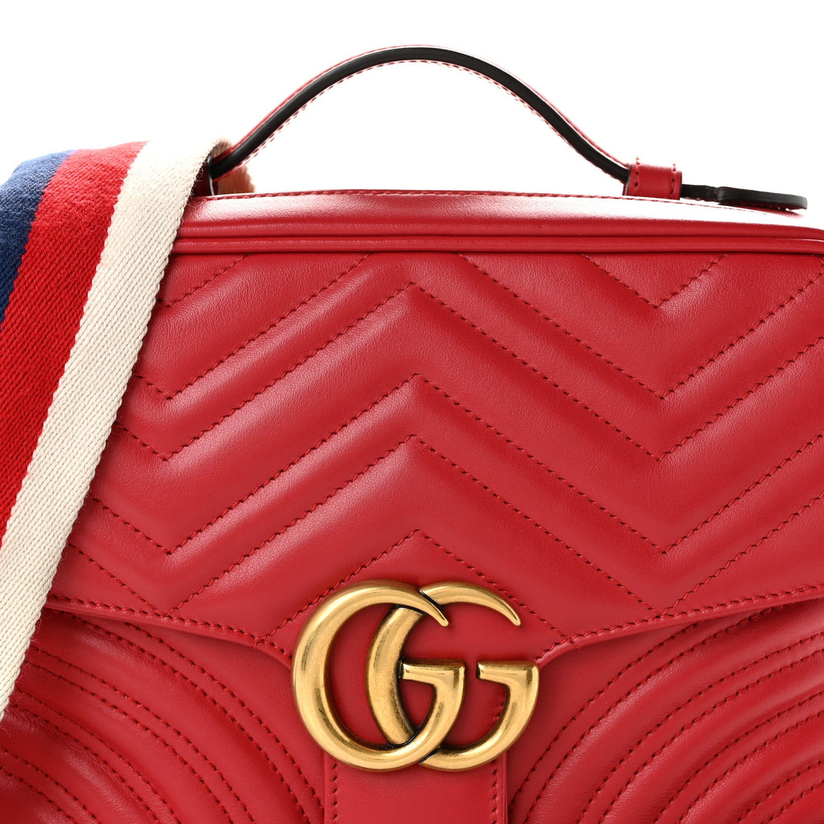 Calfskin Matelasse Sylvie Web Small GG Marmont Top Handle Shoulder Bag Hibiscus Red