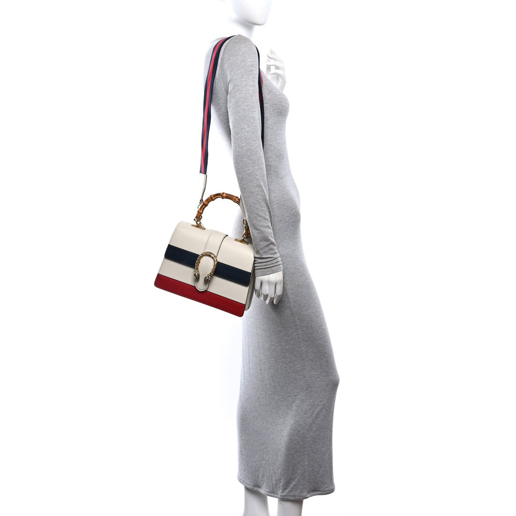 Calfskin Bamboo Web Medium Dionysus Top Handle Bag White Blue Hibiscus Red