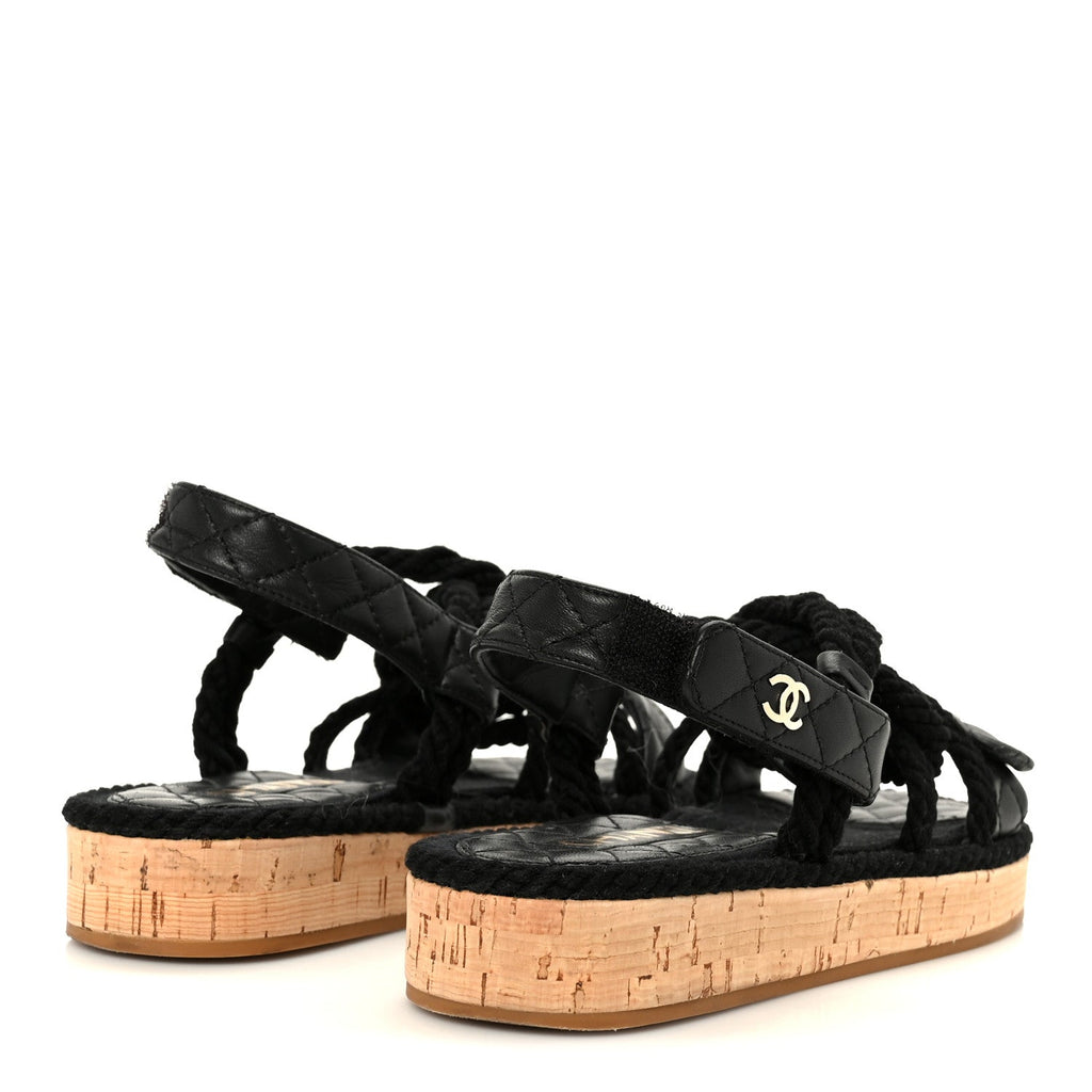 Cord Lambskin Quilted Logo Sandals 37 Black