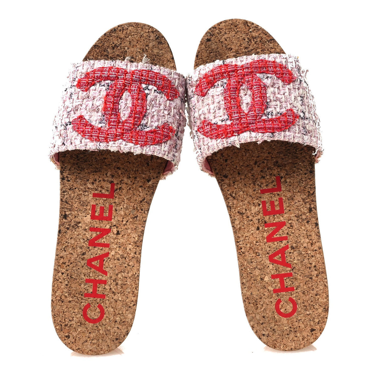 Tweed Lambskin Cork CC Mule Sandals 36 Pink Red