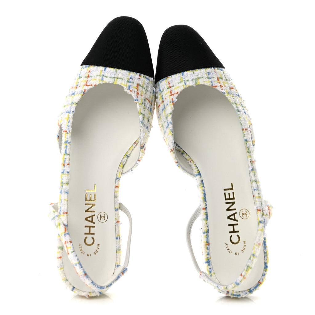 Tweed Grosgrain Cap Toe CC Slingback Flat 38 White Multicolor