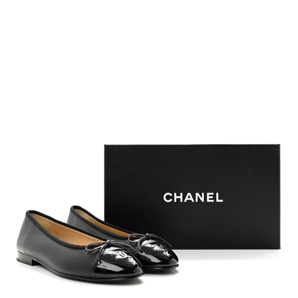 Lambskin Patent Cap Toe Ballerina Flats 37.5 Black