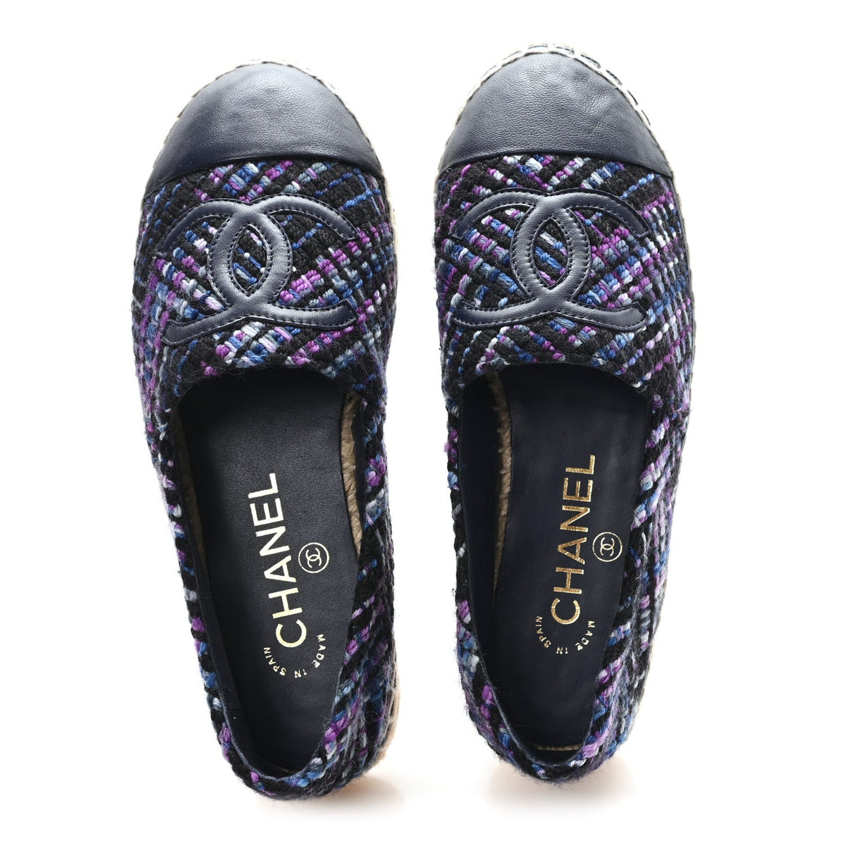 Tweed Grosgrain CC Espadrilles 35 Purple Black Navy