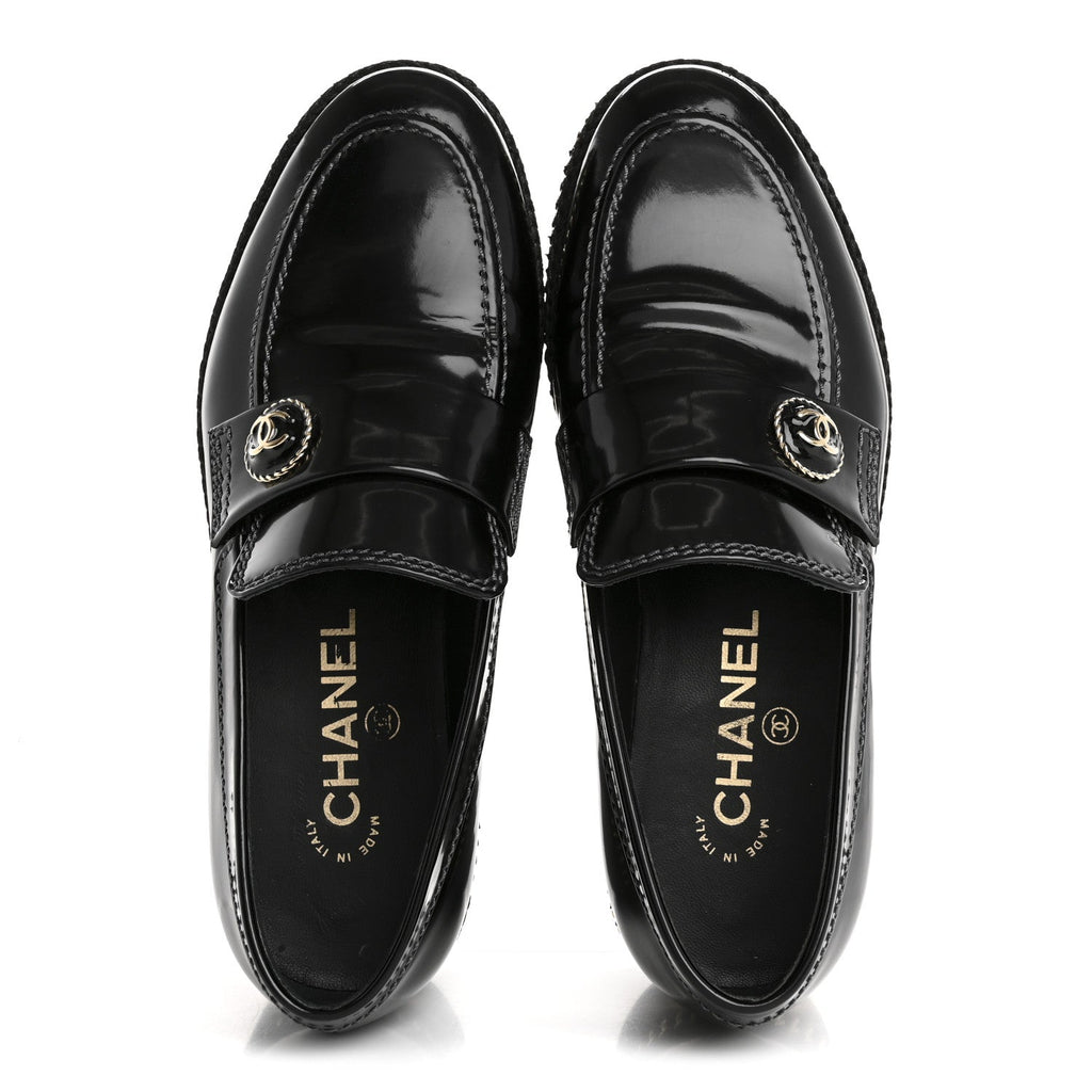 Shiny Calfskin Platform Loafers 37 Black
