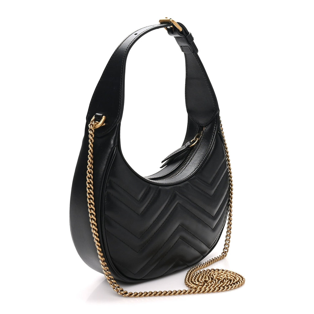 Calfskin Matelasse Chevron Mini GG Marmont Half Moon Hobo Black
