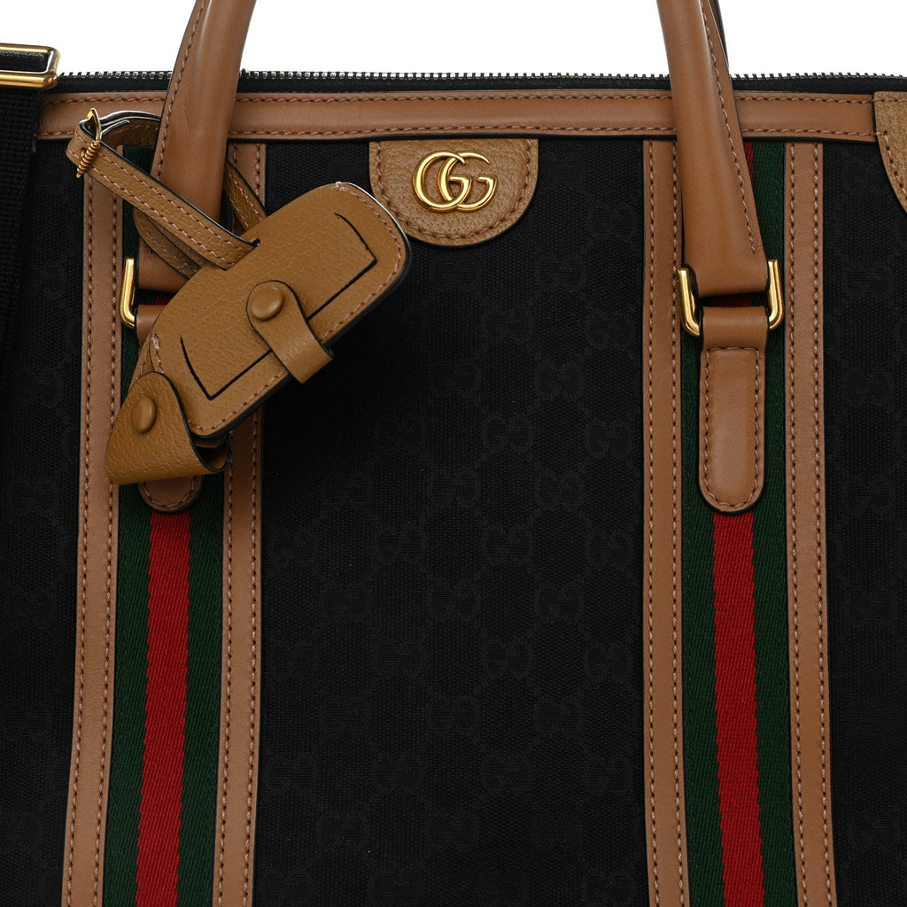 Monogram Textured Dollar Calfskin Web XL Bauletto Duffle Top Handle Bag Black Koi Beige