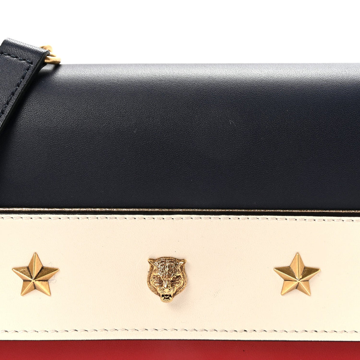 Calfskin Tiger Studded Chain Wallet Blue Agata Hibiscus Red Mystic White