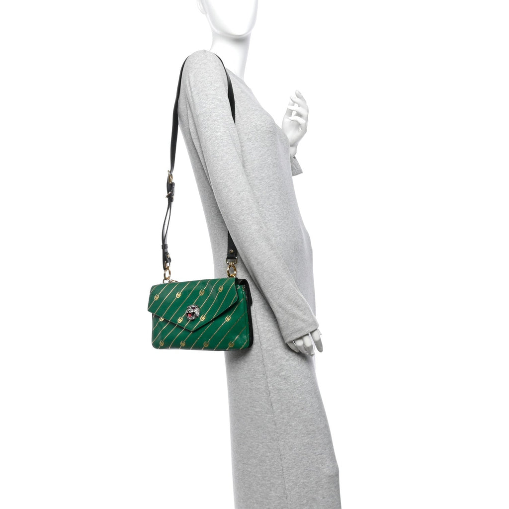 Calfskin Diagonal GG Medium Thiara Double Envelope Shoulder Bag Emerald Green Black