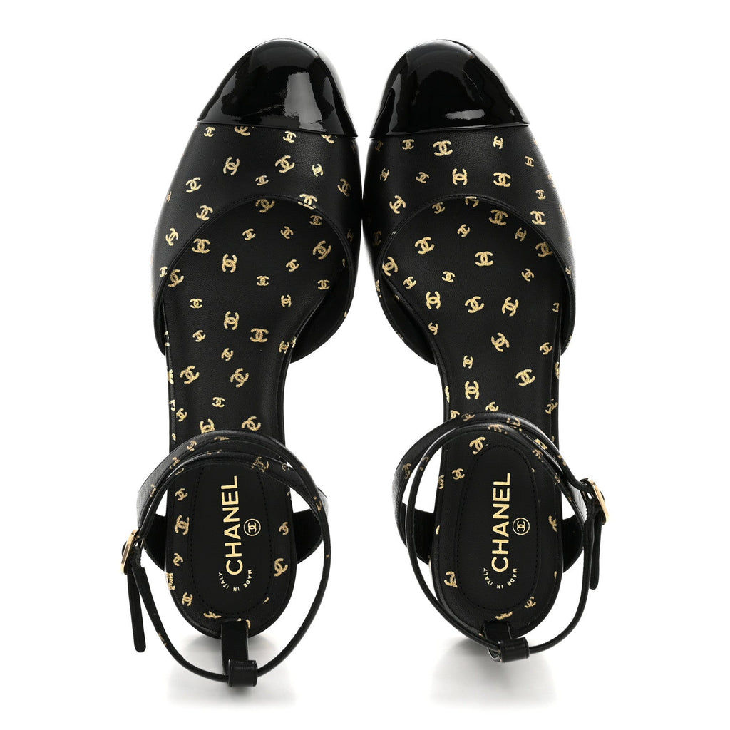 Printed Lambskin Patent Calfskin Cap Toe CC Slingbacks 36.5 Black Gold