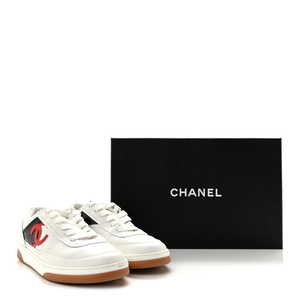 Calfskin Patent Womens CC Sneakers 40.5 White Black Red