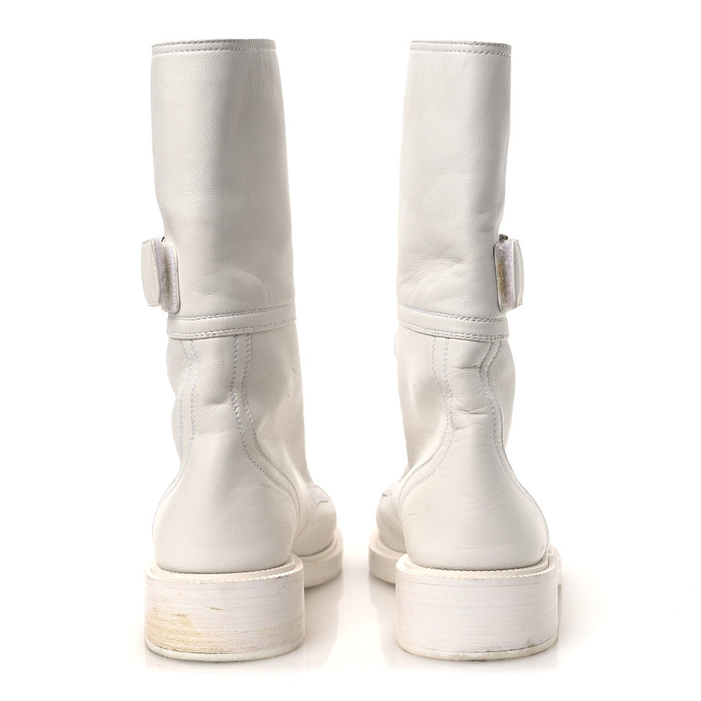 Calfskin Lace Up Logo Mid Calf Combat Boots 38.5 White Black