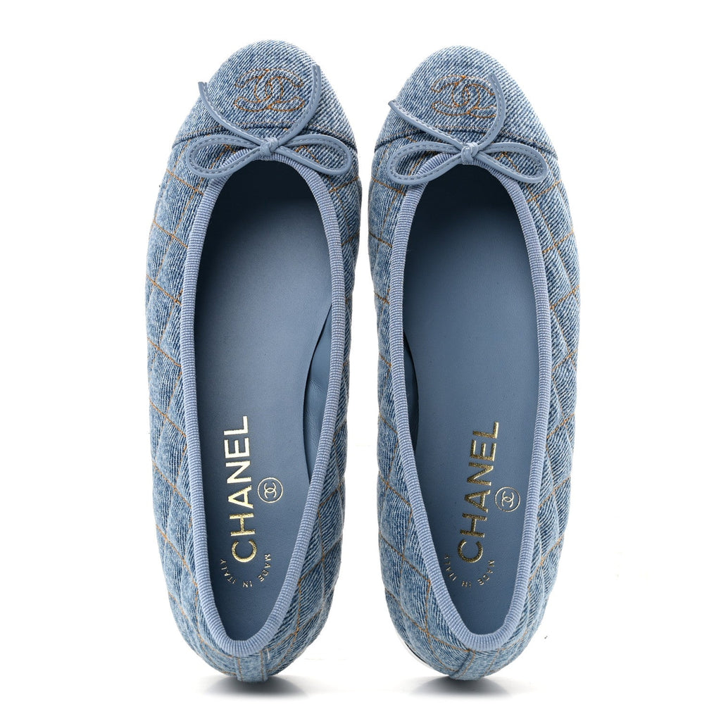Denim Quilted CC Cap Toe Ballerina Flats 37.5 Light Blue