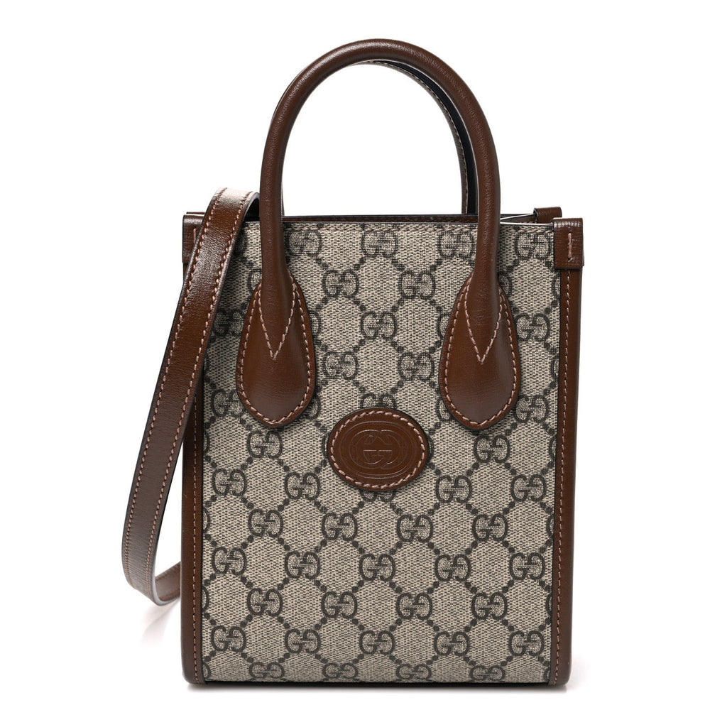 GG Supreme Monogram Azalea Calfskin Mini Retro Interlocking G Tote Bag Beige Ebony Brown Sugar